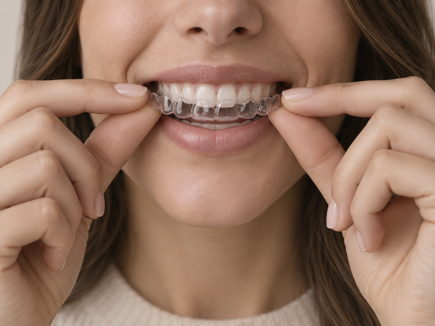 Mãos encaixando o alinhador transparente sobre os dentes da frente