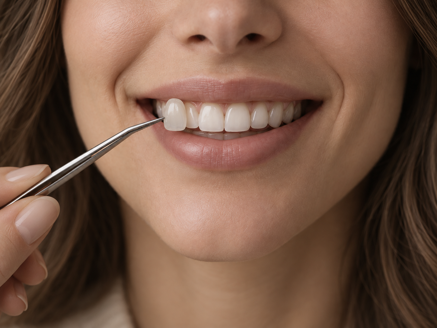 Lâmina de cerâmica sendo provada sobre um dente da frente