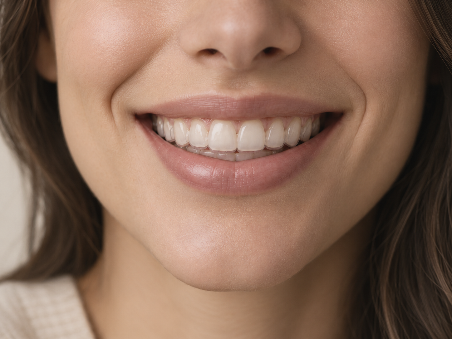 Sorriso com o alinhador transparente colocado sobre os dentes