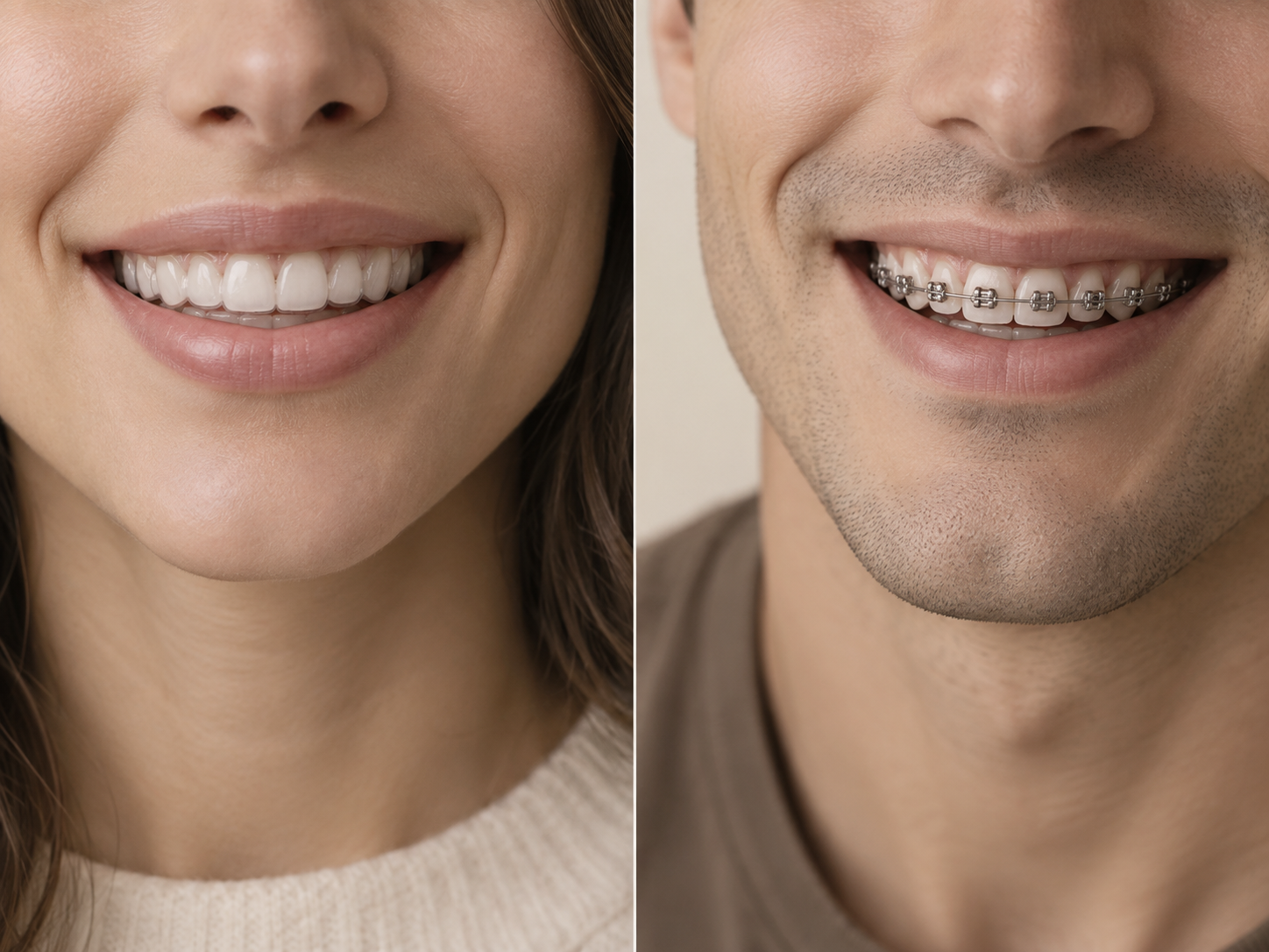 Duas pessoas sorrindo: à esquerda com alinhador transparente, à direita com aparelho fixo