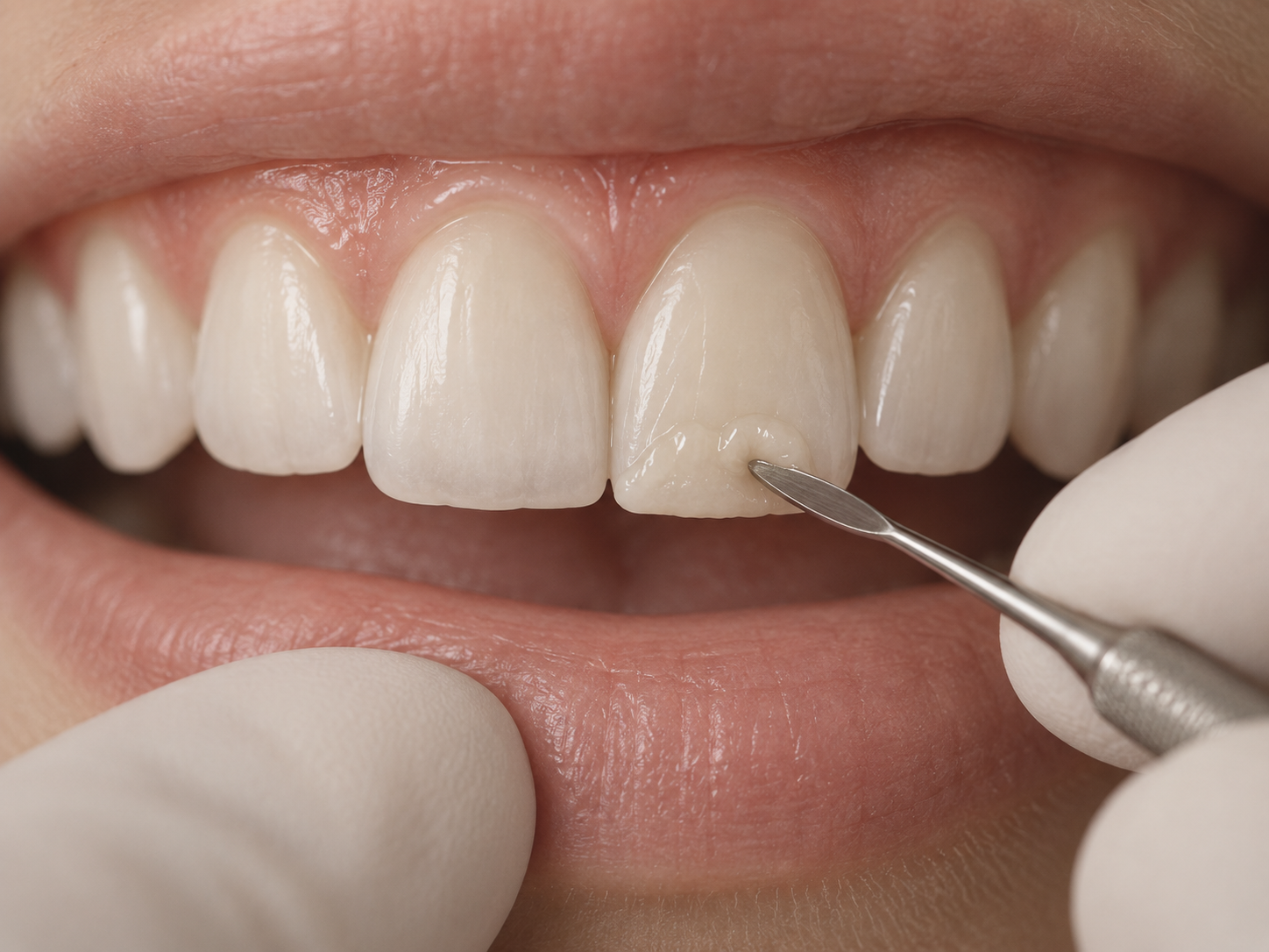 Resina da cor do dente sendo aplicada em um dente da frente